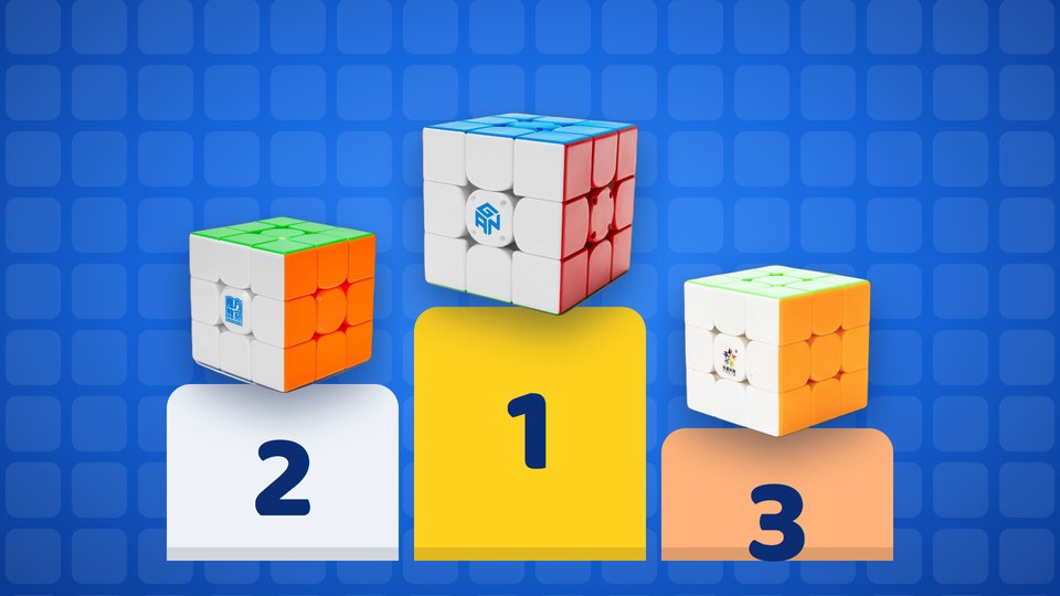 Three speed cubes on a first, second and third place podium